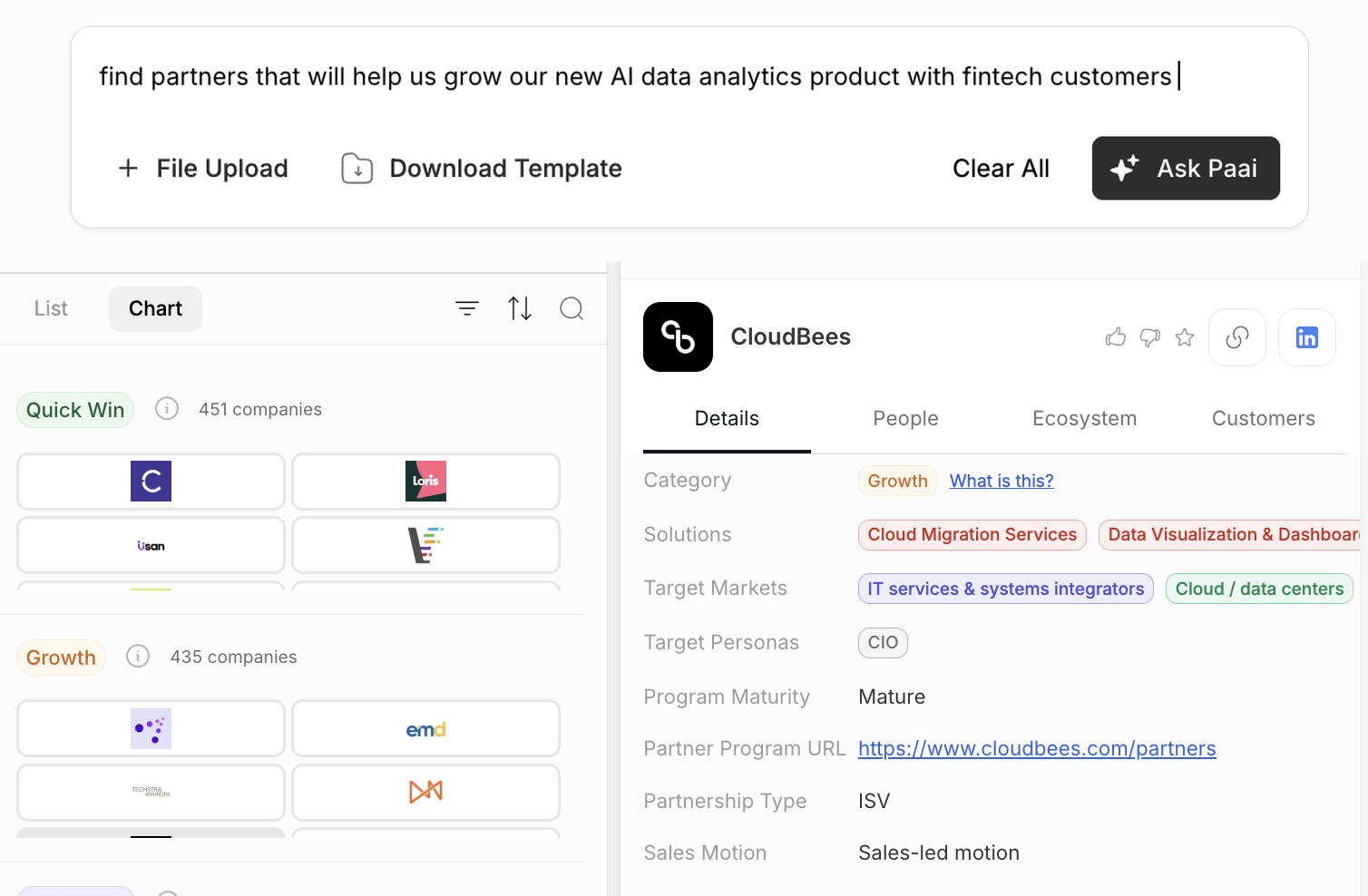 Paai partner discovery results for a goal to grow a new AI data analytics product with fintech customers, showing partner segments and the CloudBees partner profile with solutions, target markets and target personas