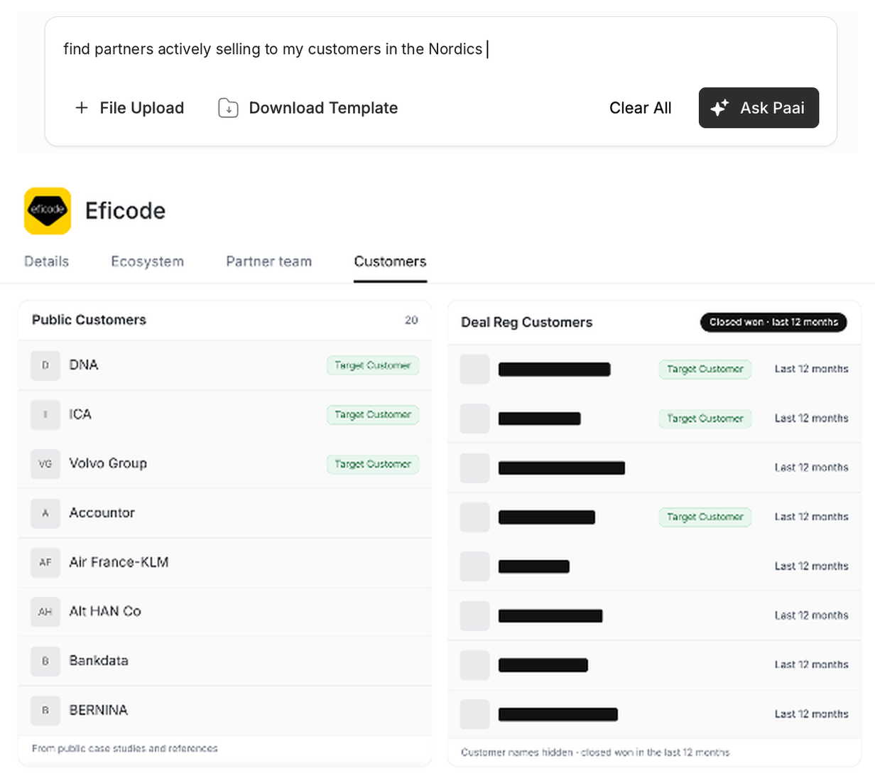 Paai partner profile for Eficode showing public customers and deal registration customers from the last 12 months, with matching target accounts flagged