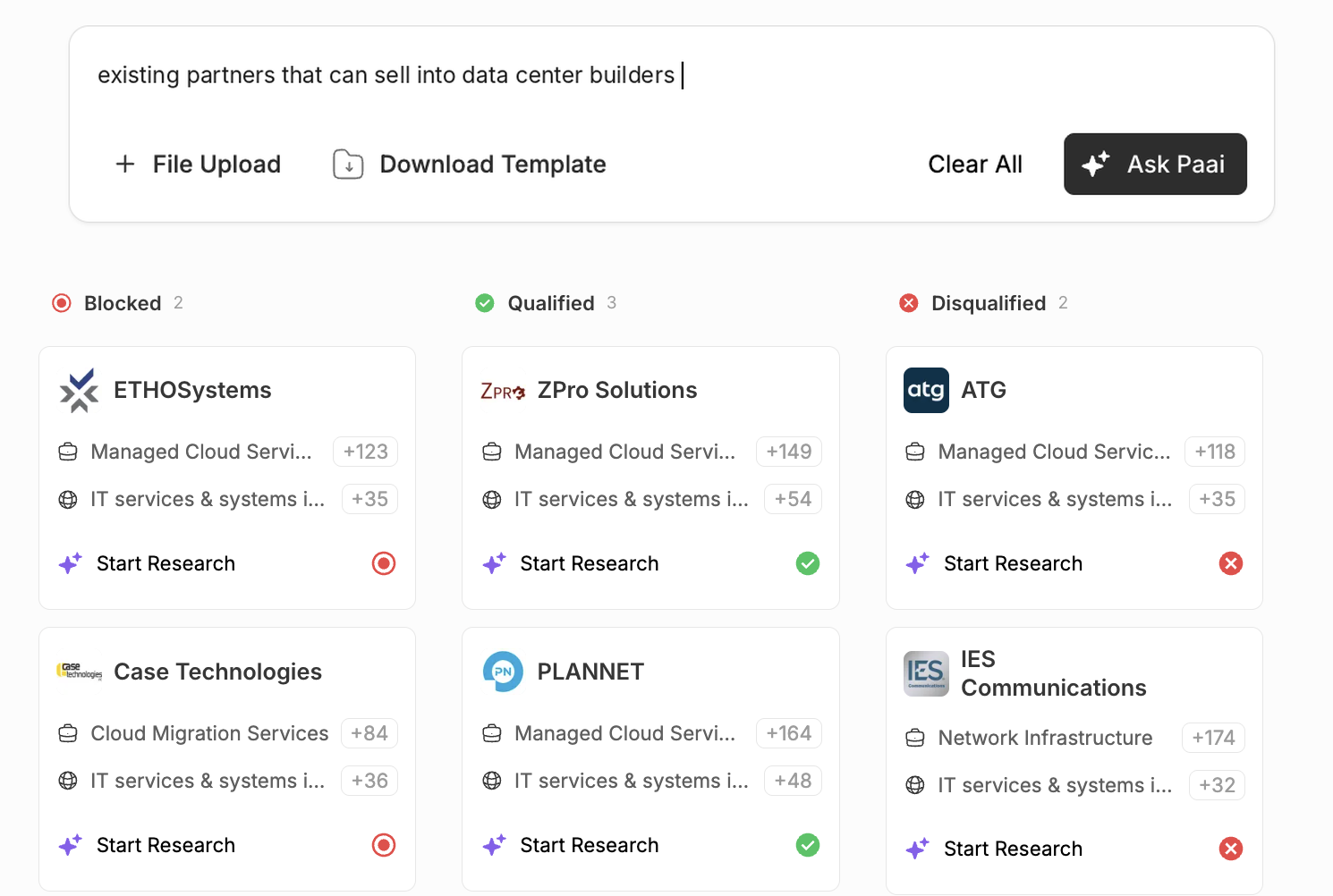 Paai partner qualification board for existing partners that can sell into data center builders, with Blocked, Qualified and Disqualified columns holding partner cards