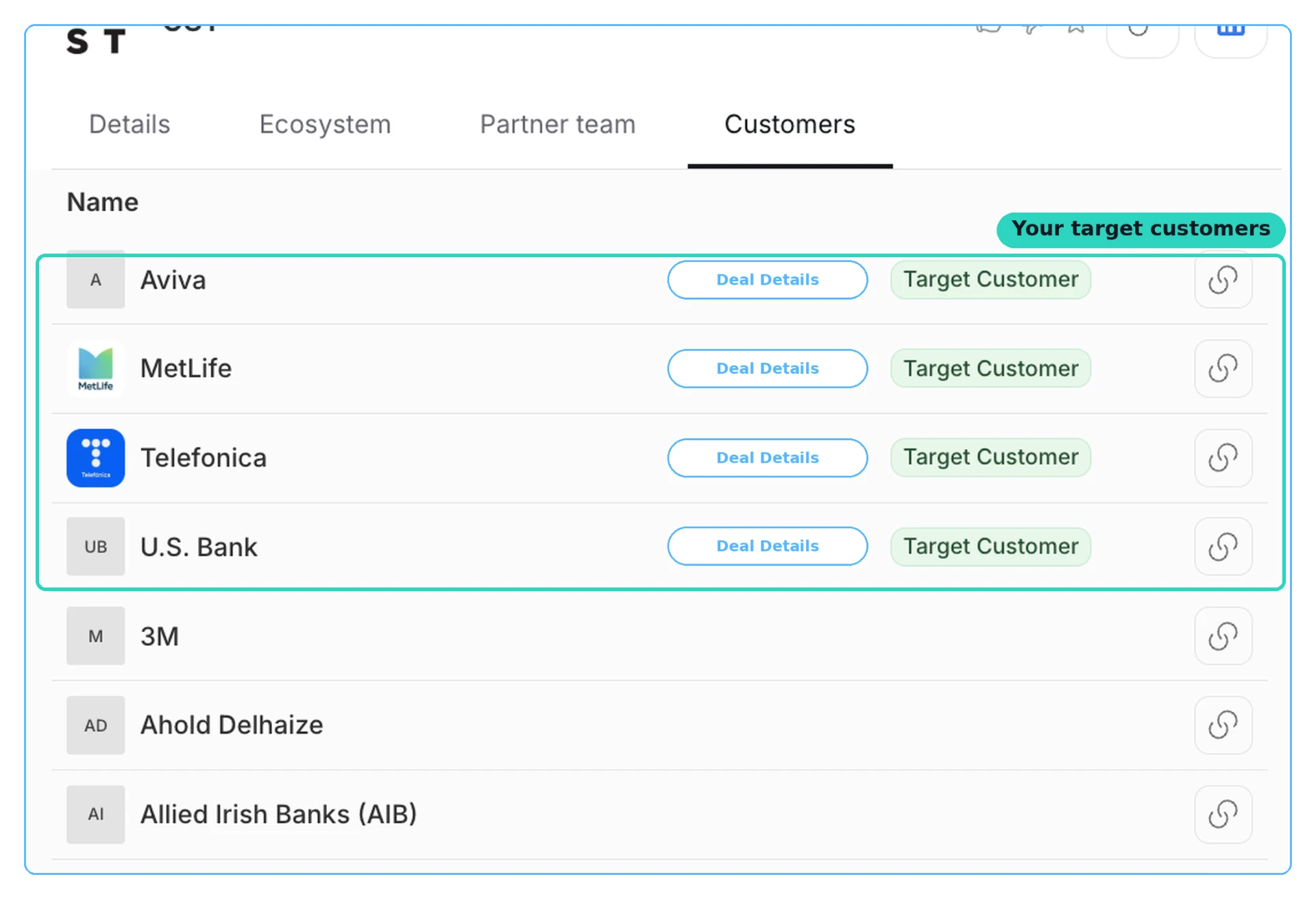 Target accounts panel showing partners with public customer proof selling into your target customers