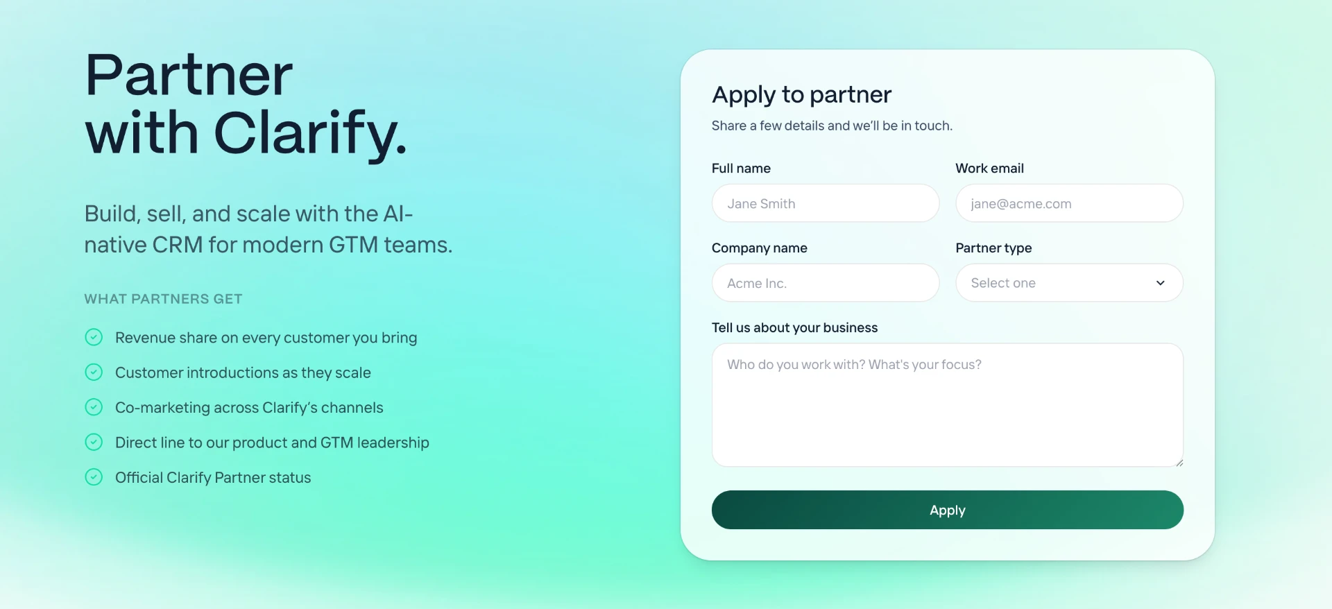 ClarifyAI's partner sign up page, offering revenue share and customer introductions.