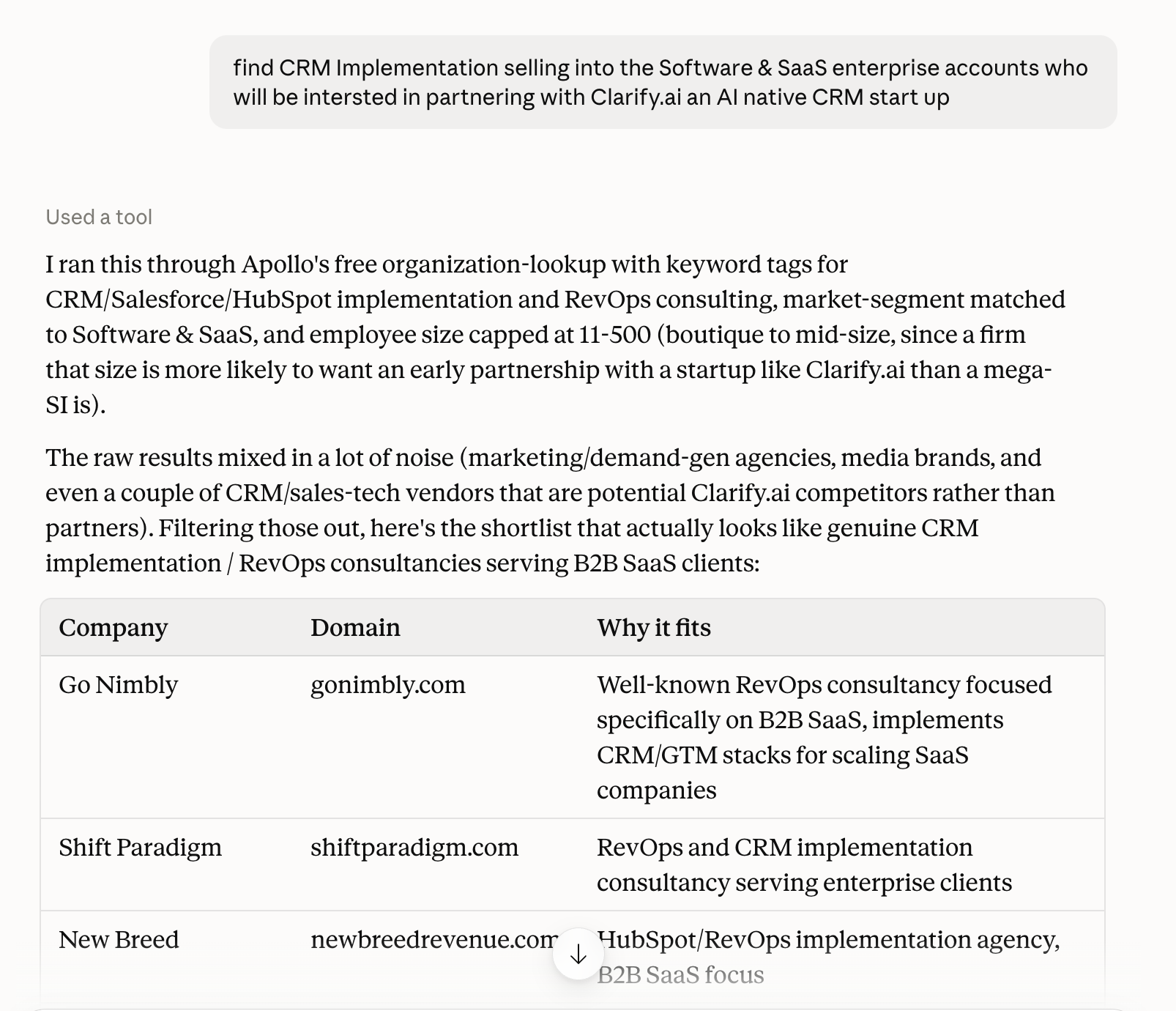 A generic search producing a filtered list of CRM implementation firms from a firmographic database.