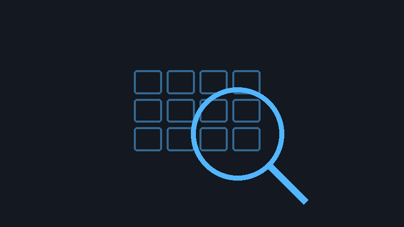 Research workflows icon showing a magnifying glass over a grid of partner data