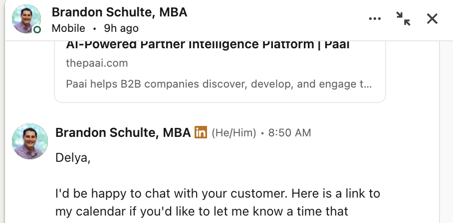 A LinkedIn reply from the partner offering a calendar link to schedule a call.