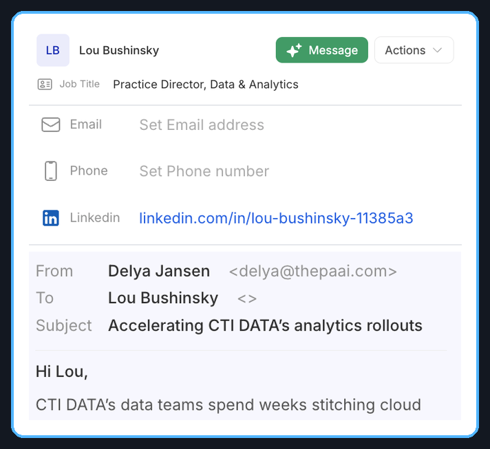 Key stakeholders card showing contact details and outbound message to a partner lead
