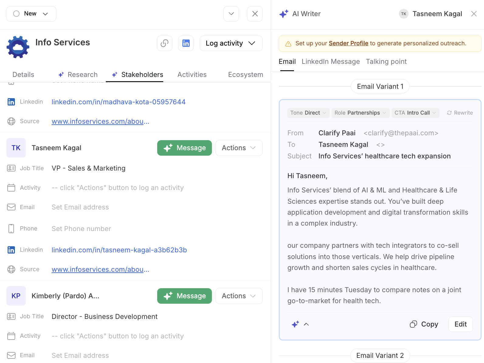 The Paai stakeholder view for a target partner alongside an AI-drafted outreach email with controls for tone, role and call to action